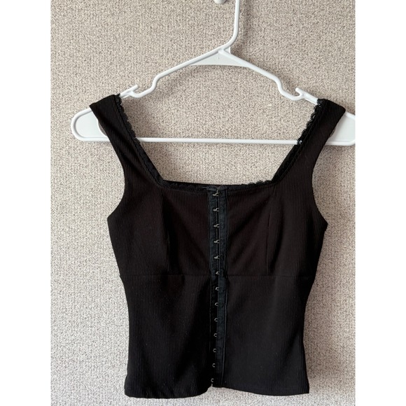 Vibe Sportswear Black Ribbed Corset Style Tank Top Lace Trim Square Neck XS - Picture 2 of 5